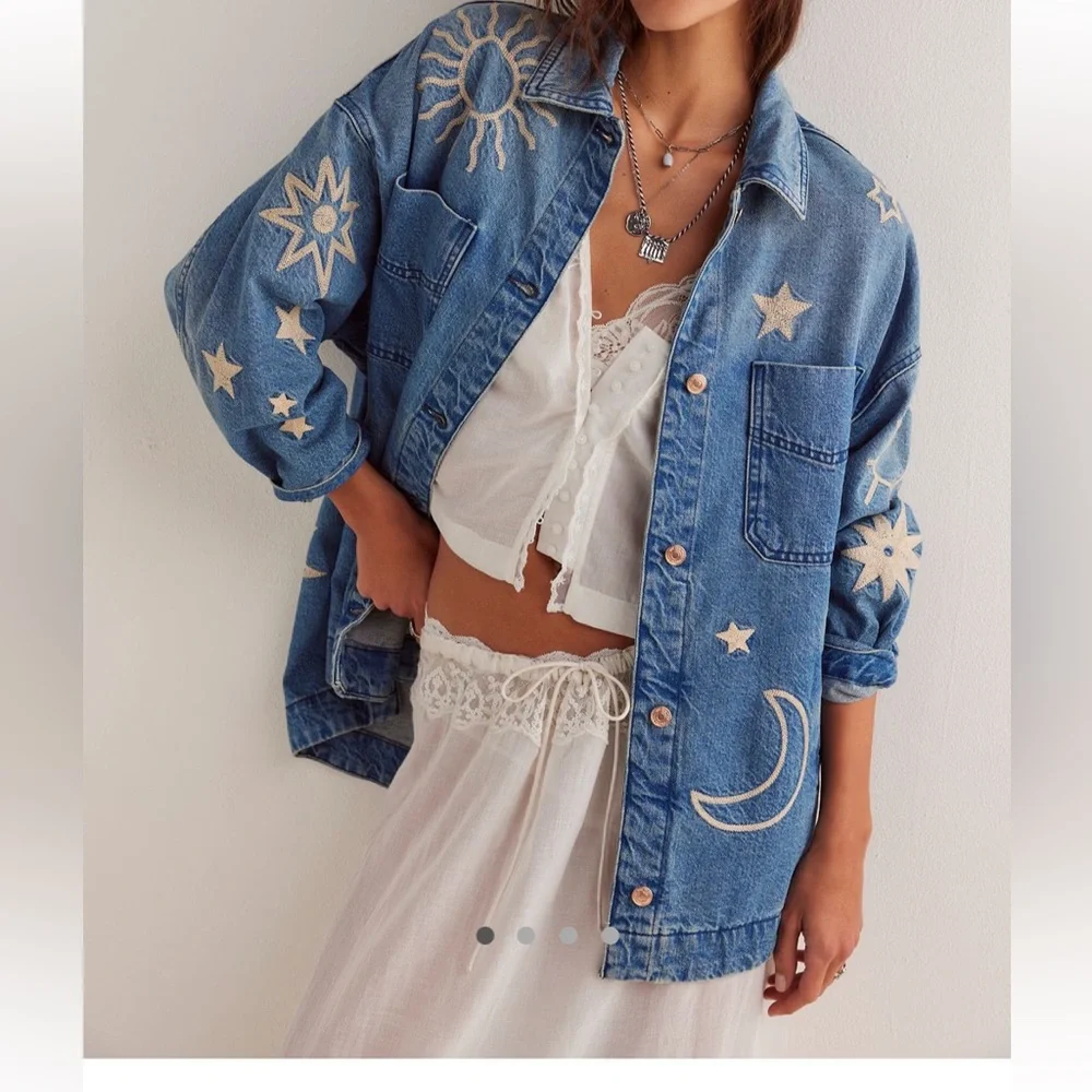 We The Free Blue Jean Jacket with Beige Embroidery like new - Picture 1 of 4